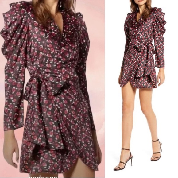 Something Navy Revolve Floral Red Ruched Long Sleeve Wrap Mini Dress - Picture 1 of 10